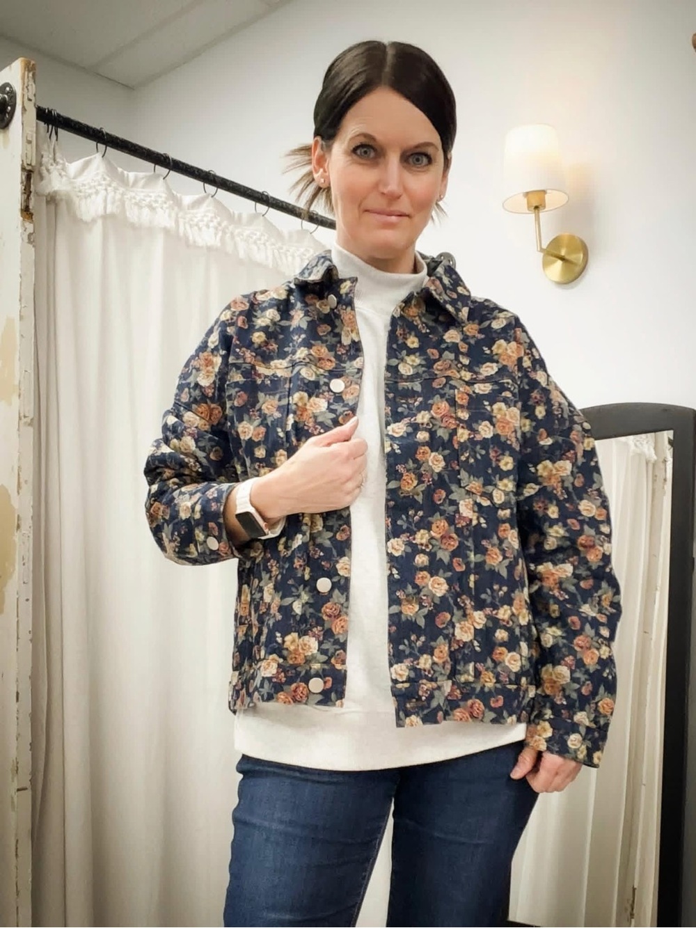 Women's Floral Denim Jacket by Sewn and Seen NWT
